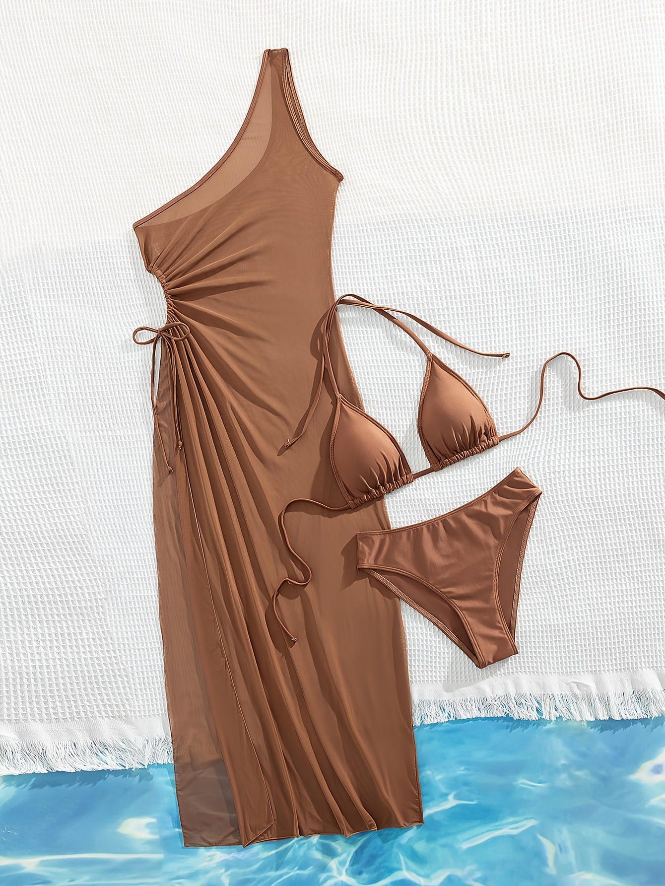 Women's 3pcs Brown Bikini Set with One-Shoulder Ruched Top, High-Waisted Bottoms & Sheer Side-Slit Cover-Up Dress - Elegant Beachwear in Stretchy Polyester/Elastane Blend, Beachwear Essentials|Tankstyle Dress|Stretchy Fabric,
